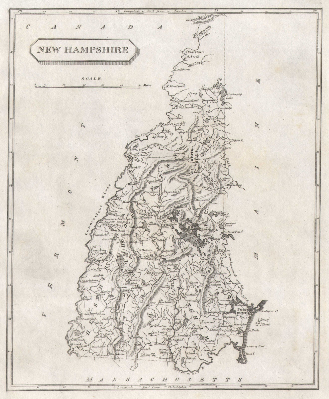New Hampshire state map by Arrowsmith & Lewis 1812 old antique plan chart